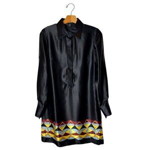 Laundry By Shelli Segal Dress 2 Black Silk Geometric Long Sleeve Shirt Dress‎